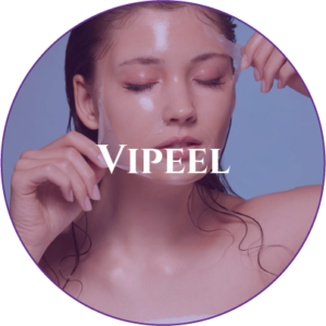 A woman with her eyes closed and the word vipeel in front of her face.