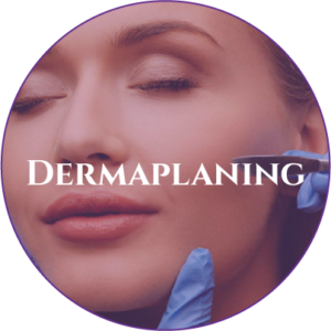A woman with blue gloves on her face and the word dermaplaning in front of her.